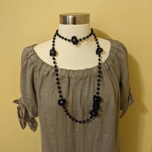 Black Beaded Rope Necklace with Large Purple Accent Beads Wrapped in Black Lace
